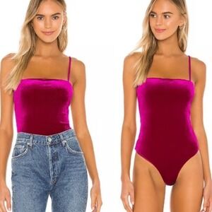 Lovers Friends Fuchsia Pink Velvet Square Neck Bodysuit magenta thong Revolve s